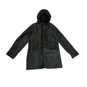 Pellegrino Genuine Shearling Hooded Coat Medium USA Italy Olive Green With Black